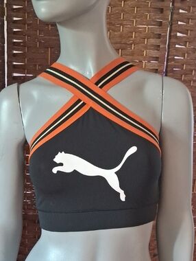 Puma Black Sports Bra with Orange Crisscross Straps